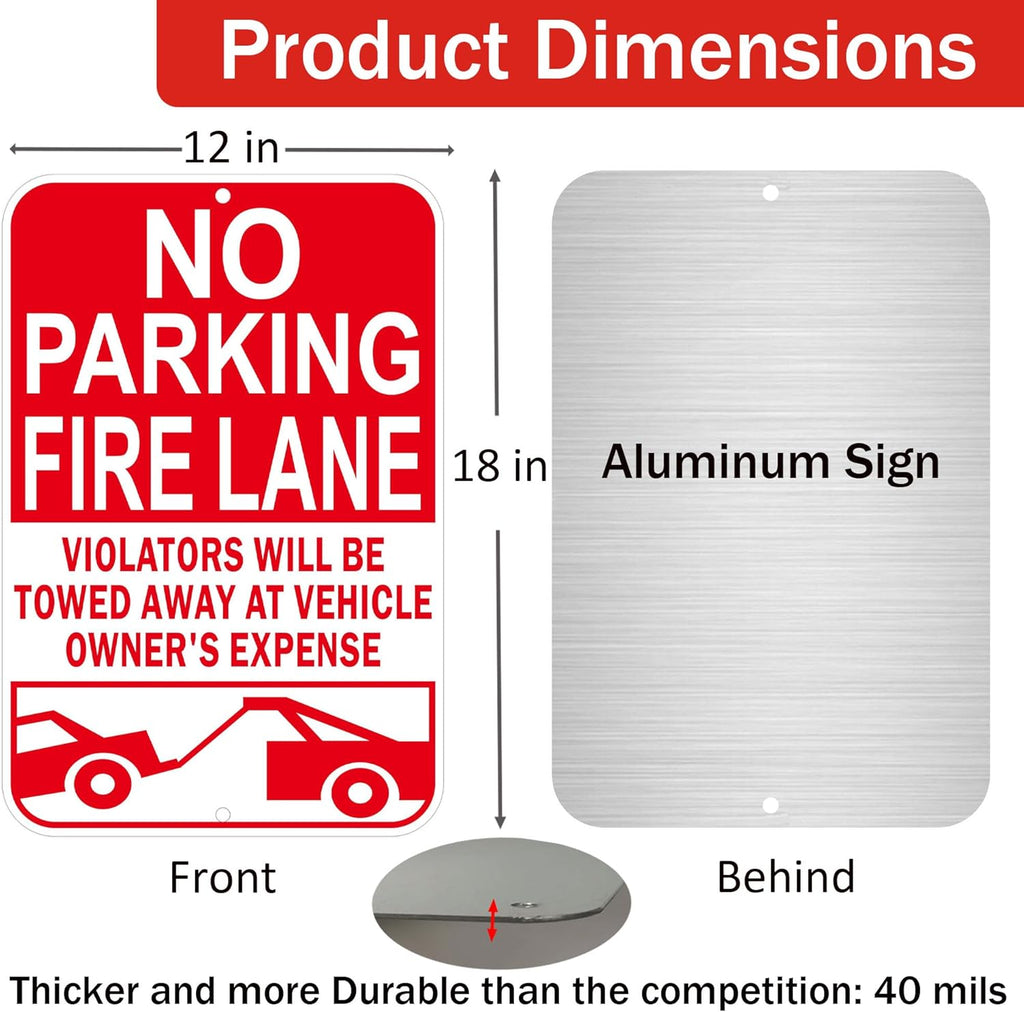 No Parking Fire Lane Sign, Reflective Aluminum, 12 x 18 Inches, Weather Resistant, UV Protected, Indoor Outdoor Use, 2 Pack