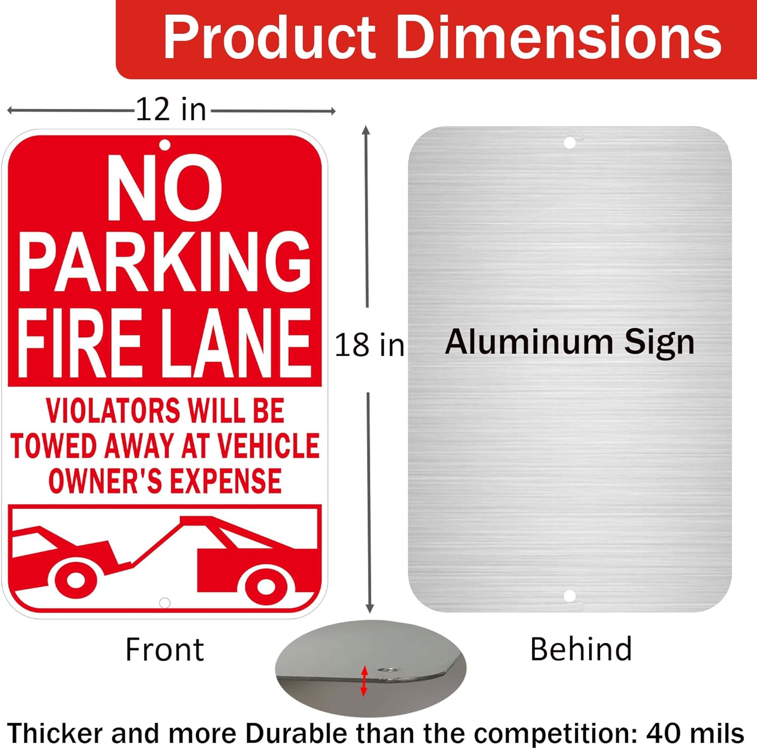 No Parking Fire Lane Sign, Reflective Aluminum, 12 x 18 Inches, Weather Resistant, UV Protected, Indoor Outdoor Use, 2 Pack