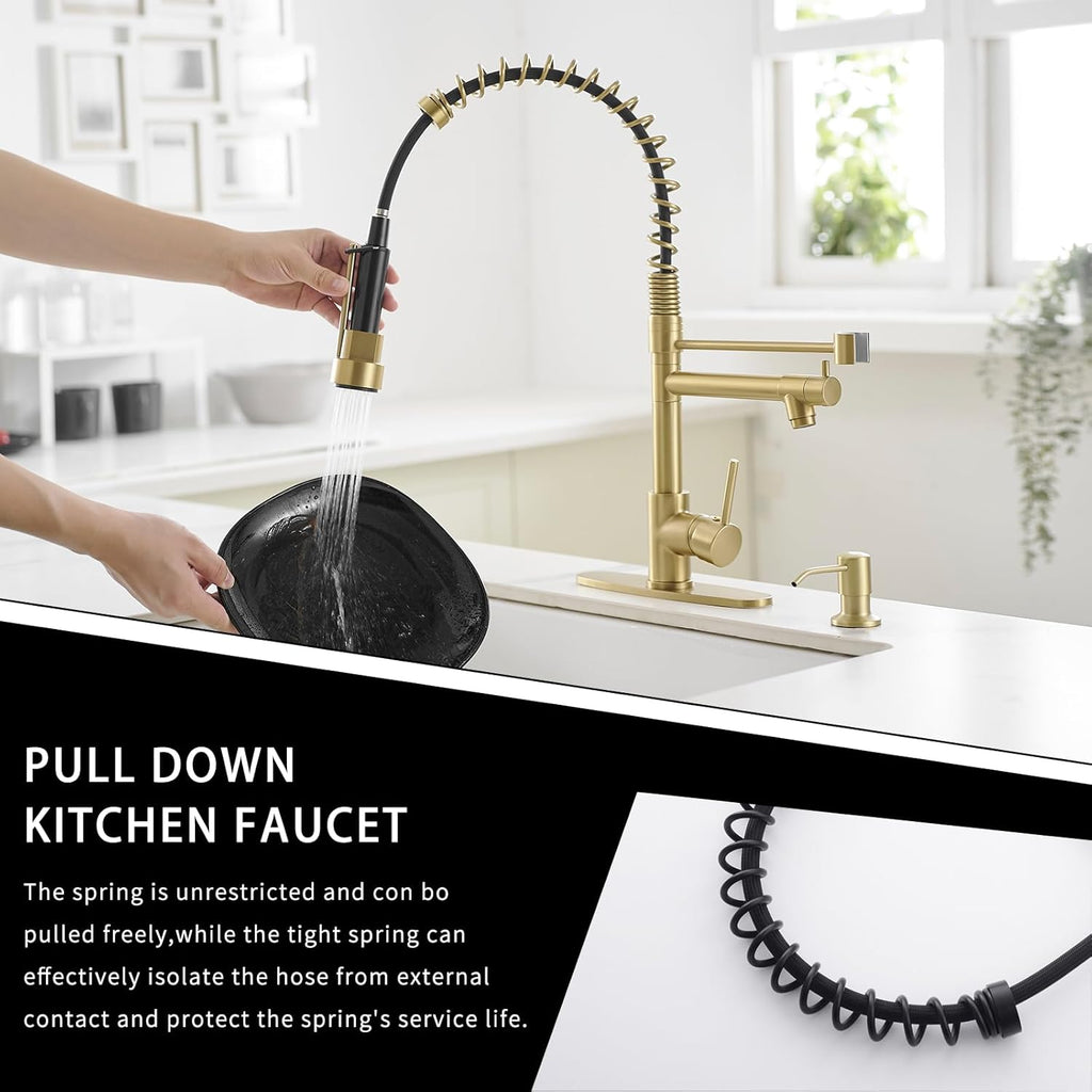 AIMADI Gold Kitchen Faucet with Soap Dispenser,Commercial Single Handle Pull Down Kitchen Faucets with Sprayer,Brushed Gold