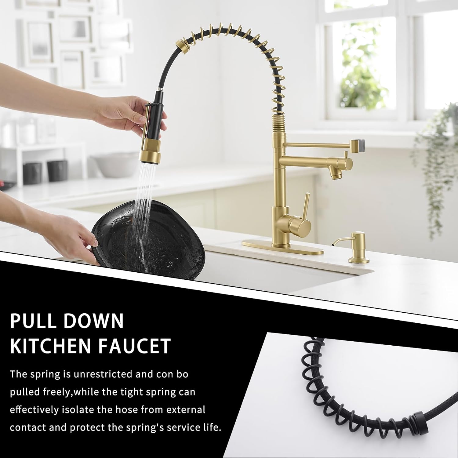 AIMADI Gold Kitchen Faucet with Soap Dispenser,Commercial Single Handle Pull Down Kitchen Faucets with Sprayer,Brushed Gold