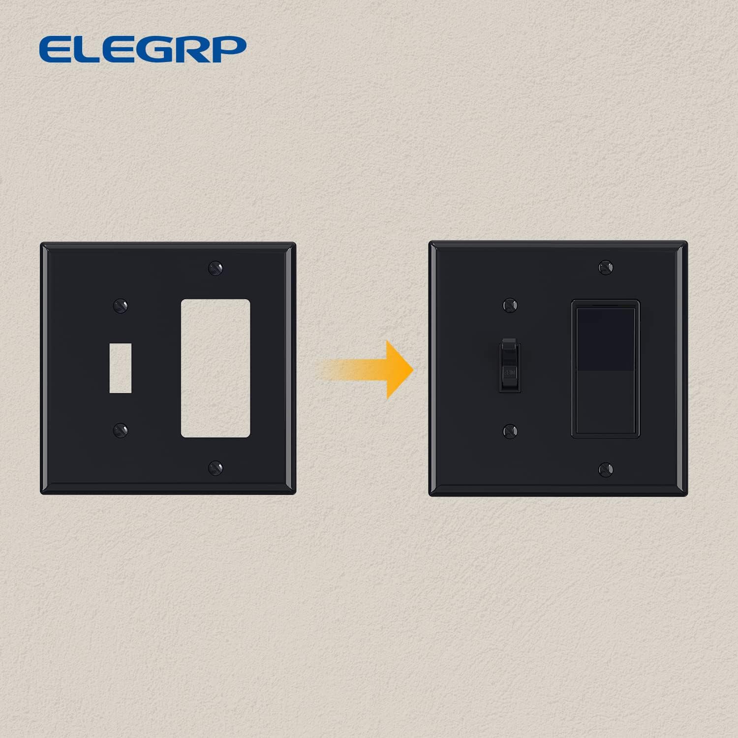 Combination Wall Plate ELEGRP 2-Gang 1-Toggle Light Switch 1-Decorator/GFCI Device Combination Wall Plates, Mid-Size 4.88" x 4.94" Unbreakable Thermoplastic Faceplate Cover, UL (1 Pack, Glossy Black)