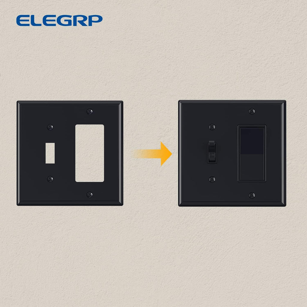Combination Wall Plate ELEGRP 2-Gang 1-Toggle Light Switch 1-Decorator/GFCI Device Combination Wall Plates, Mid-Size 4.88" x 4.94" Unbreakable Thermoplastic Faceplate Cover, UL (2 Pack, Glossy Black)