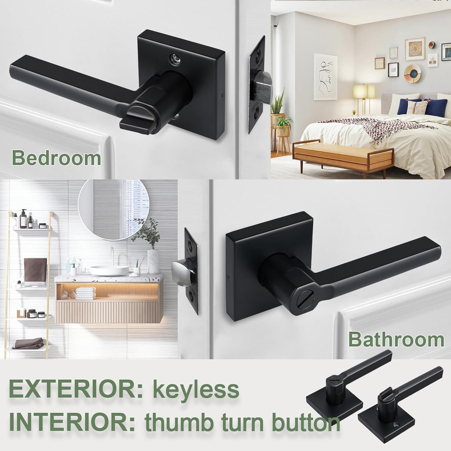 Privacy Door Lever, Heavy Duty Bathroom Bedroom Handle Lock, Keyless Interior Knobs, Matte Black, Reversible for Right&Left Handed, 9Packs