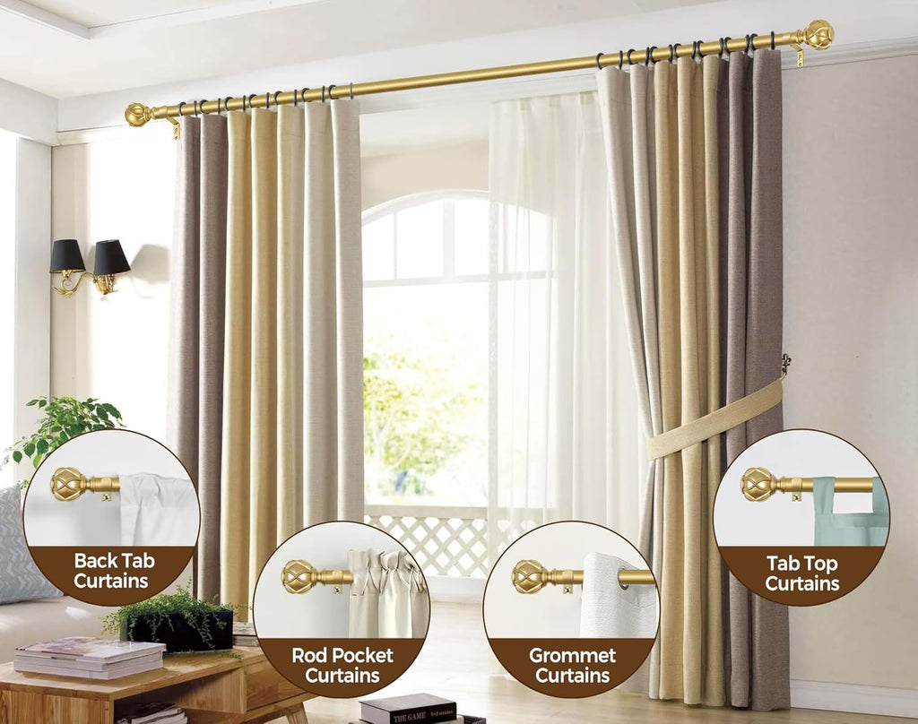 KAMANINA Curtain Rods for Windows 66 to 120 Inch, 7/8 Inch Gold Heavy Duty Curtain Rod 32 to 120 (2.6-10ft), Adjustable Decorative Drapery Rods with Netted Texture End