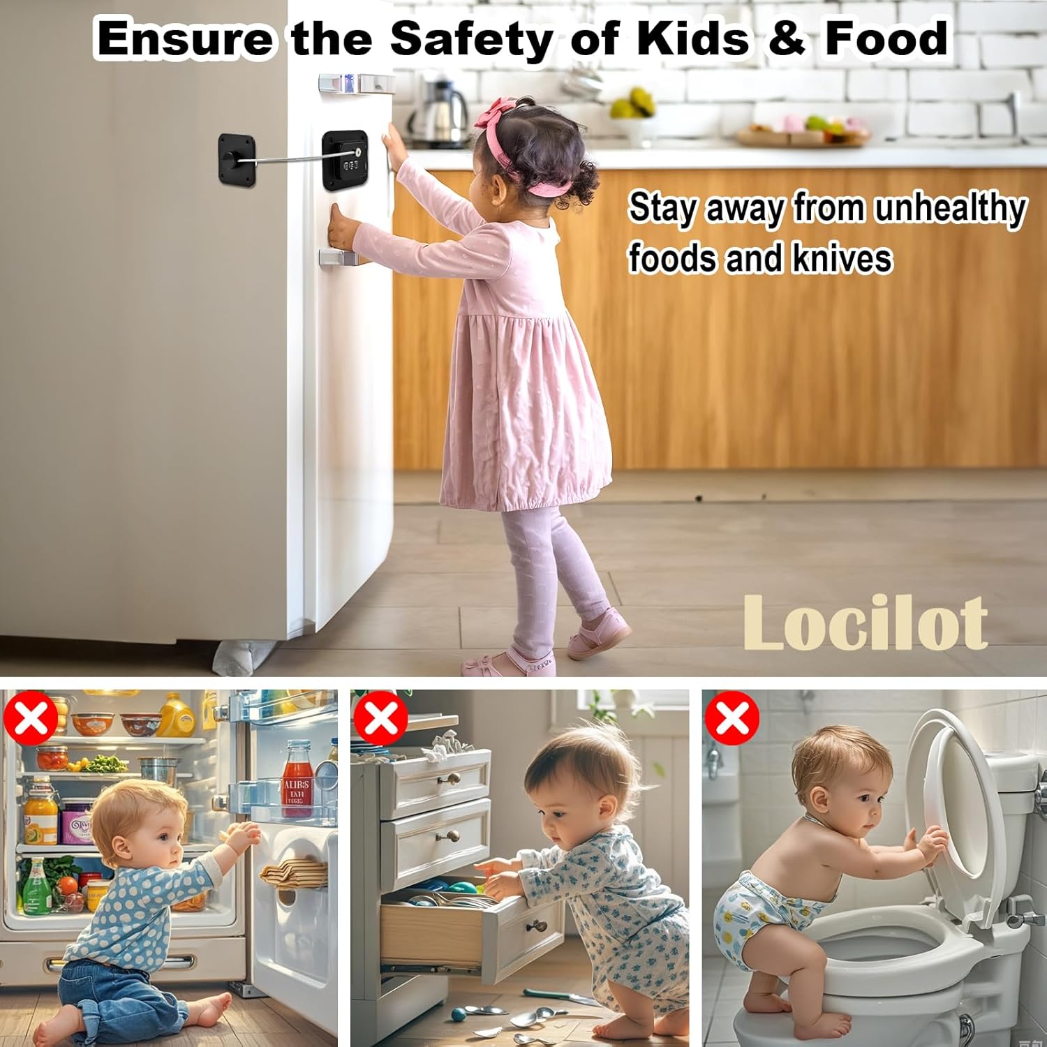 3 Pack Fridge Lock for Kids, Traceless Refrigerator Lock for Adults, Child Proof Cabinet Locks Baby Proofing, Drawer Freezer Locks for Fridge Refrigerator (Black)