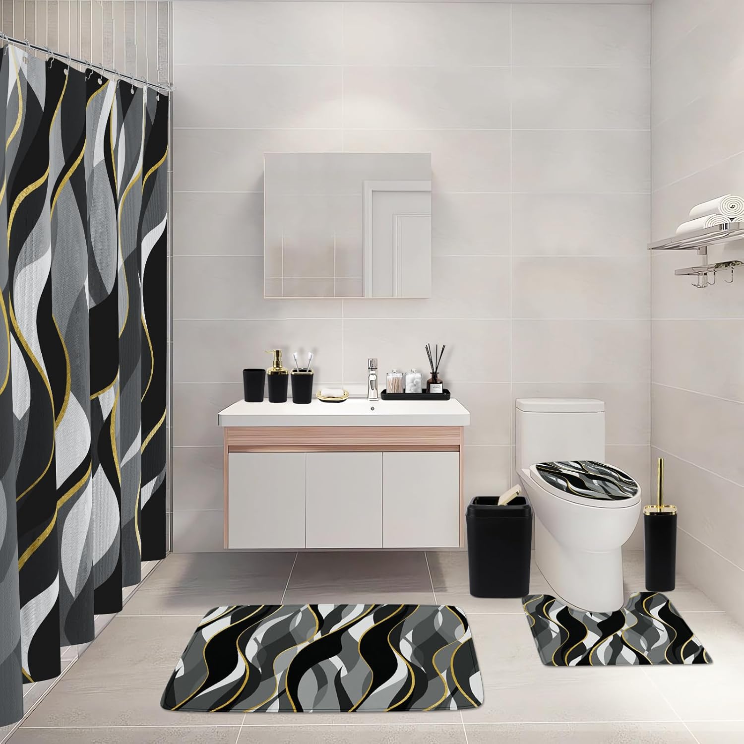 Bathroom Set - Black and Gold Bathroom Accessories, Bathroom Sets with Shower Curtain and Rugs, Black Shower Curtain Set with Bathroom Trash Can, Soap Dispenser, Soap Dish for Home Decor