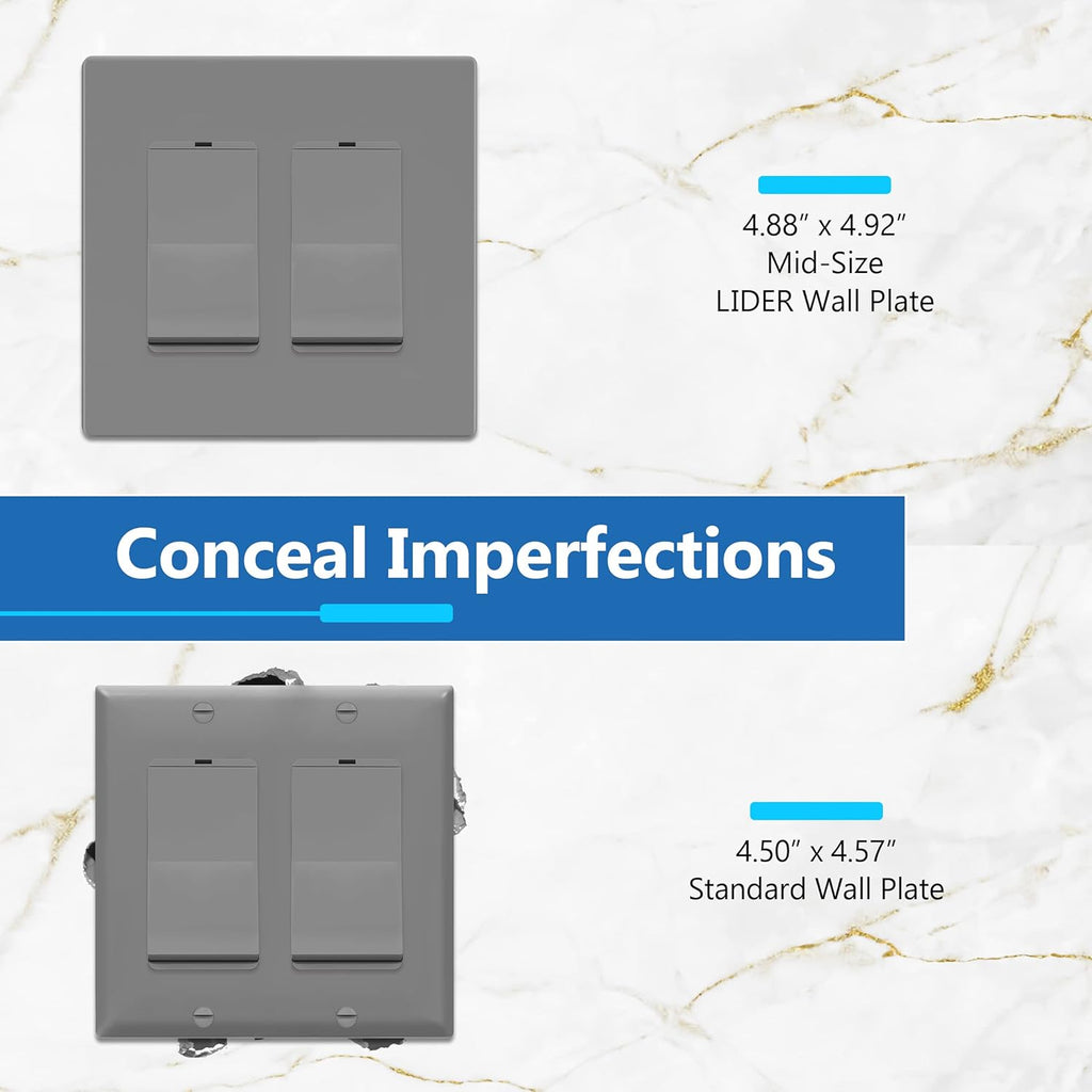 LIDER Matte Finish Double Decorator Switch Cover, Screwless Wall Plate, Mid-Size 2-Gang 4.88" x 4.92", Unbreakable Polycarbonate Thermoplastic, UL Listed, LSWP-32M-GY10P, Gray, 10 Pack