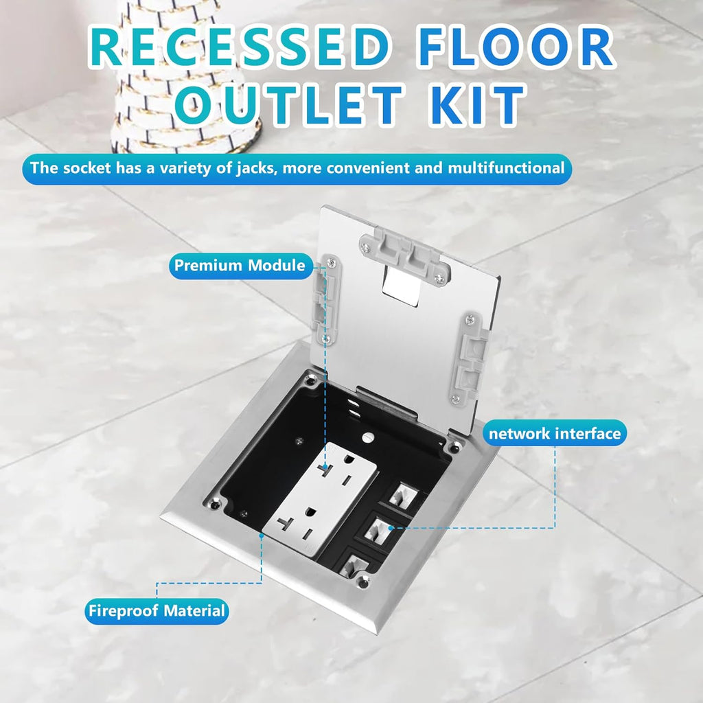 KYHSHJ Recessed Flat Hidden Socket Kit with 20 Amp Stainless Steel TR Receptacle Outlet Stainless+3-Port RJ45 Datacom Receptacle.Internal Height Adjustable，Corrosive Resistant Hardware，Silver