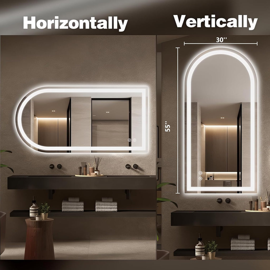 Niccy Arched LED Bathroom Mirror, 55x30 Arch Wall Mounted Frameless Bathroom Mirror for Vanity, Smart Lighted Frontlit Mirrors with Memory Function for Bathroom Bedroom Beauty Hair Salon