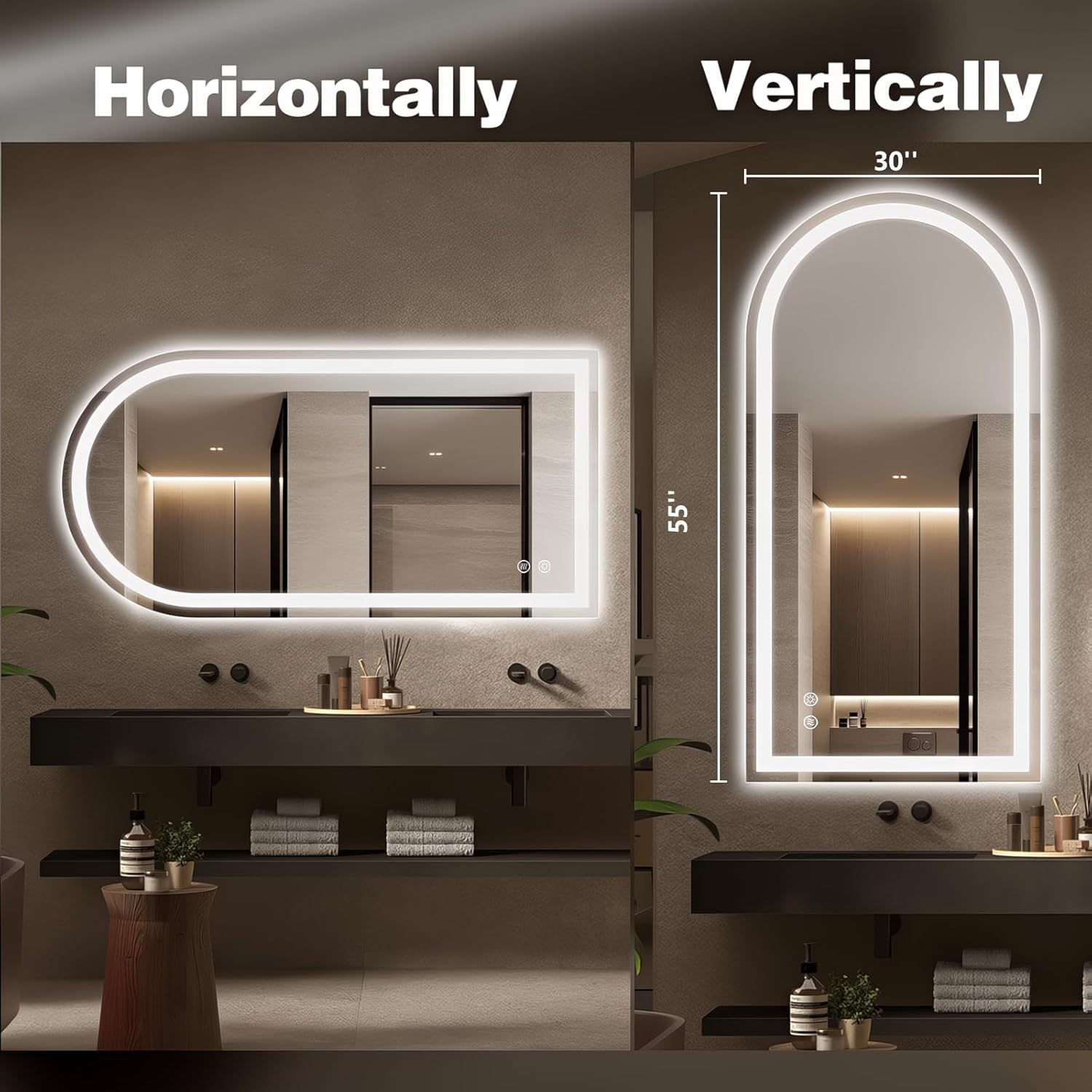 Niccy Arched LED Bathroom Mirror, 55x30 Arch Wall Mounted Frameless Bathroom Mirror for Vanity, Smart Lighted Frontlit Mirrors with Memory Function for Bathroom Bedroom Beauty Hair Salon