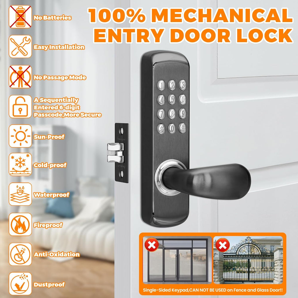 Stainless Steel Mechanical Keypad Entry Door Handle Lock,Commercial Keyless Push Button Code Door Lever,Single-Sided Combination &Interior Non-locking,Exterior Auto-Lock,For Outdoor,Matte Black