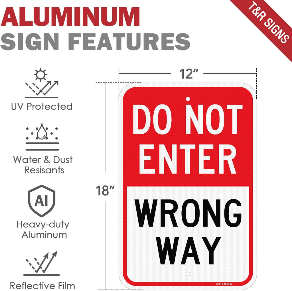 T&R (2 Pack) Do Not Enter Wrong Way Sign, 18" x 12" Engineer Grade Reflective Sheeting, Rust Free Aluminum, Weather Resistant, Waterproof, Fade Resistant, 2 Pre-drilled Holes