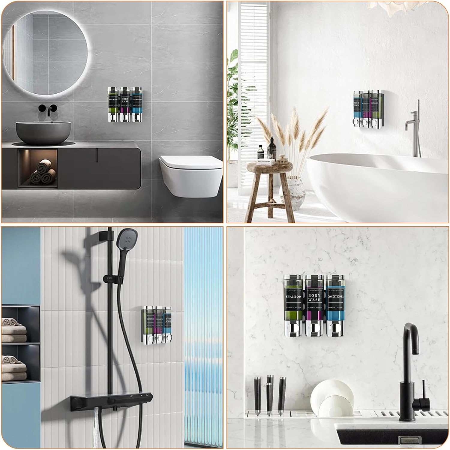 Shampoo and Conditioner Dispenser,Shower Dispenser 3 Chamber No Drill Wall-Mounted Shampoo Dispenser for Shower Wall Mounted Shower Soap Dispenser for Bathroom Hotel Large Capacity,Chrome1