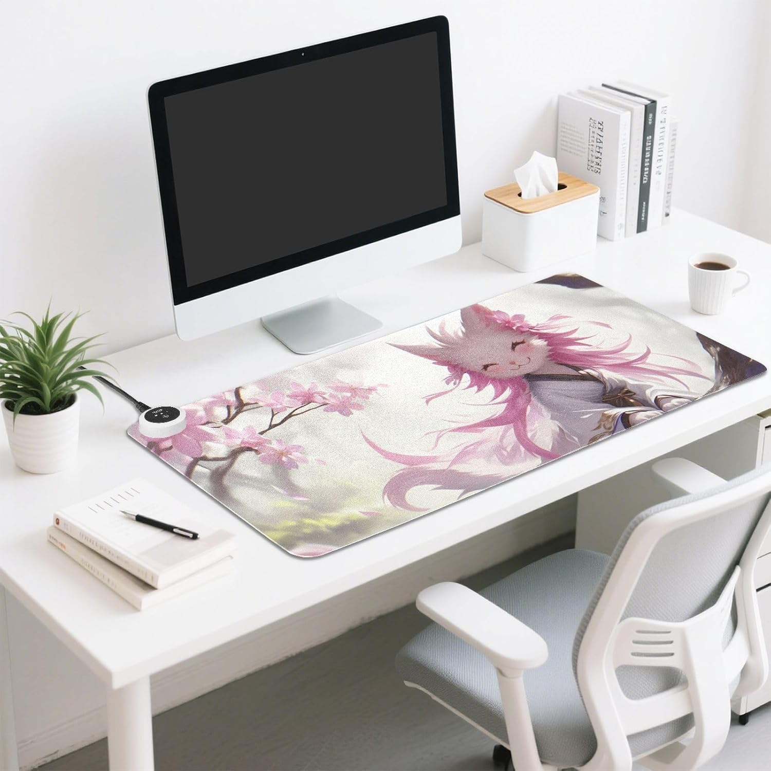 Large Heated Mouse Pad,Leather Desk Mat,31.5"x13",Hand Warmer Pads for Desk,Kitty(White Pink)