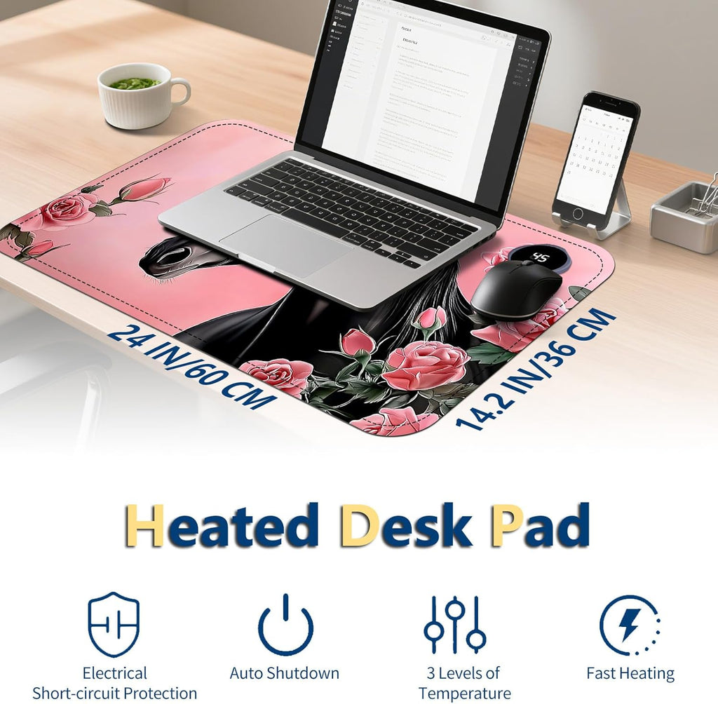 Heated Mouse Pad with 3 Temperature Settings(104°F–122°F),Large 24x14.2 Inch PU Leather Heated Desk Mat,Waterproof Warming Pad for Office,Gaming & Cold Hands Relief,Pink Rose Black Horse
