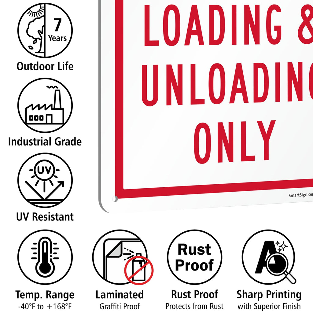 SmartSign No Parking Loading Unloading Only - 10" x 14", Rustproof 40 Mil Laminated Aluminum, Red/White, Durable Metal Sign for Outdoors, USA-Made