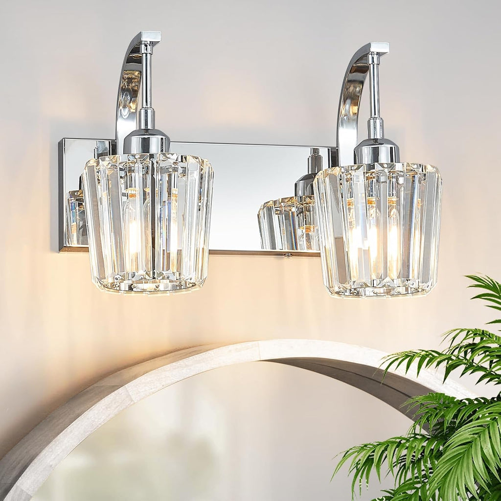 Modern Bathroom Vanity Light, 2-Light Chrome Wall Sconce with Crystal Accents, Over Mirror Bathroom Lighting Fixture, 13.77" Long Dimmable Vanity Lamp for Makeup, Easy Installation