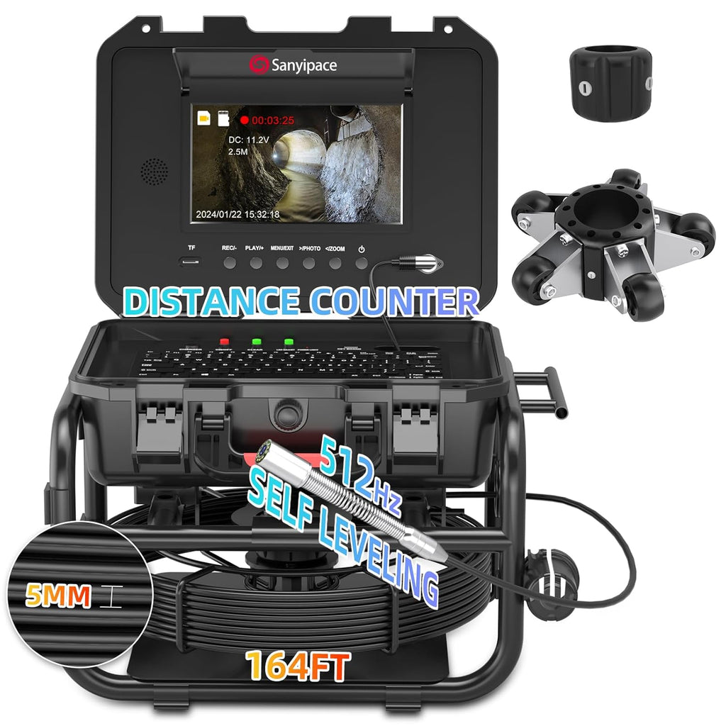 Sanyipace Sewer Camera 165FT/50M with 512Hz Transmitter, Self-Leveling, Distance Counter, Plumbing Inspection Camera with Microphone Speaker Audio Video Record, 16GB TF Card, Pipe Pulley (7mm Cable)