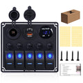 5 Gang Marine Boat Switch Panel with Dual USB Charger & Voltmeter, Waterproof Aluminum Rocker Switch Panel for Marine Automotive Truck RV Trailer with Lighter Socket Press Protector, 12/24V Black