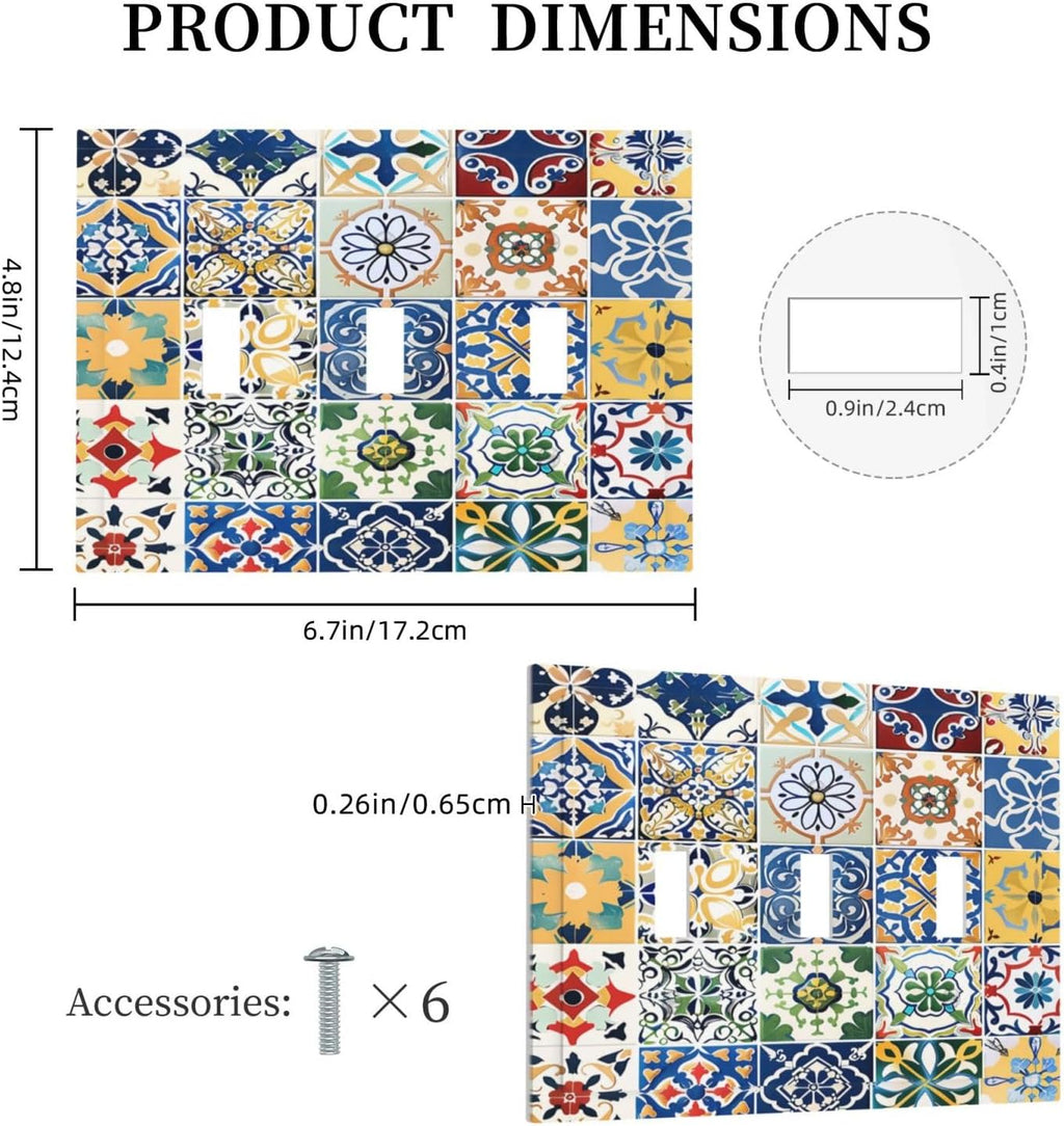 Decorative Switch Plates Moroccan Traditional Mexican Talavera Til 3 Gang Wall Plate Triple Toggle Light Switch Cover Faceplate Electrical Wall Panels for Kitchen Home Decor