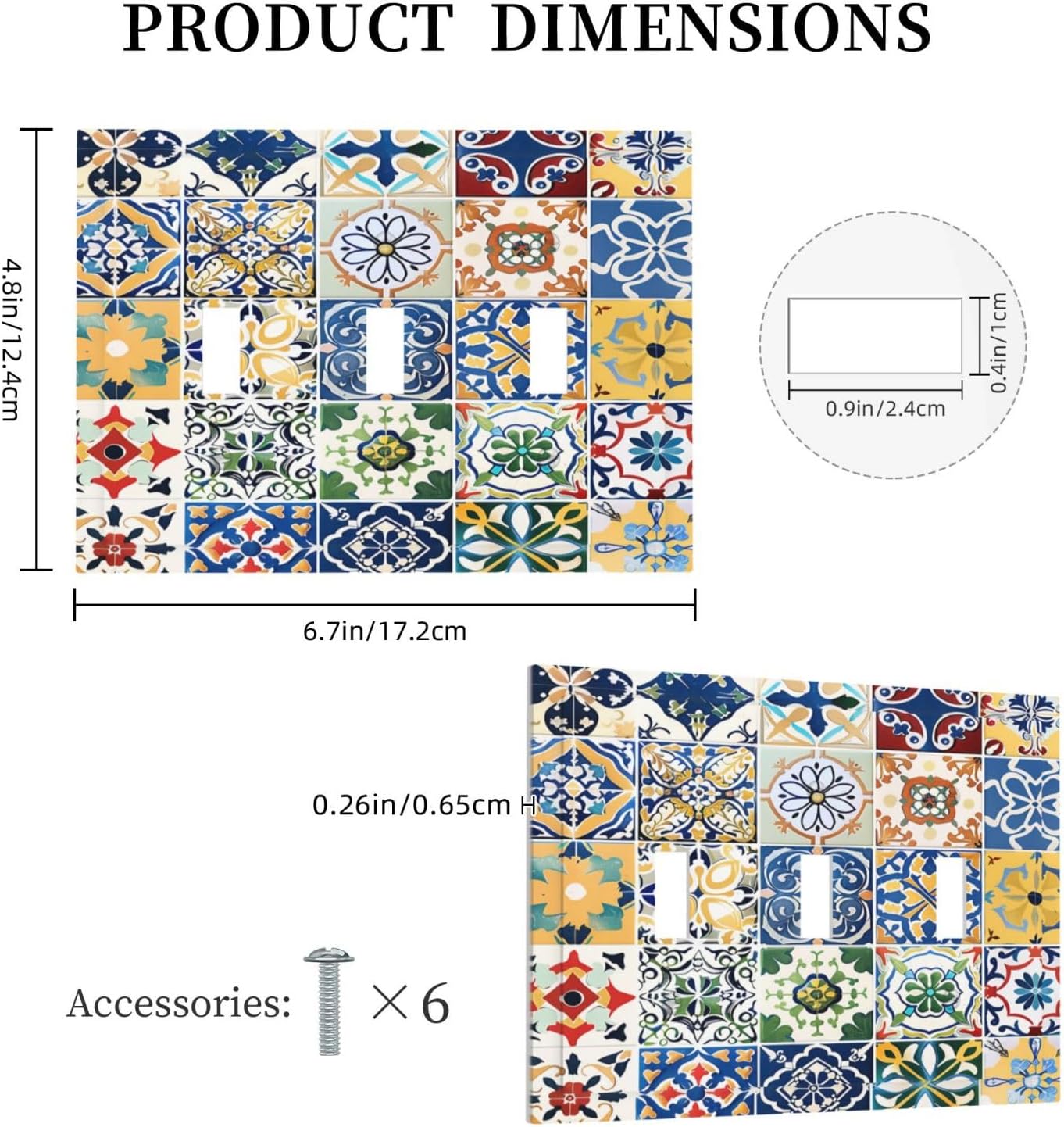 Decorative Switch Plates Moroccan Traditional Mexican Talavera Til 3 Gang Wall Plate Triple Toggle Light Switch Cover Faceplate Electrical Wall Panels for Kitchen Home Decor