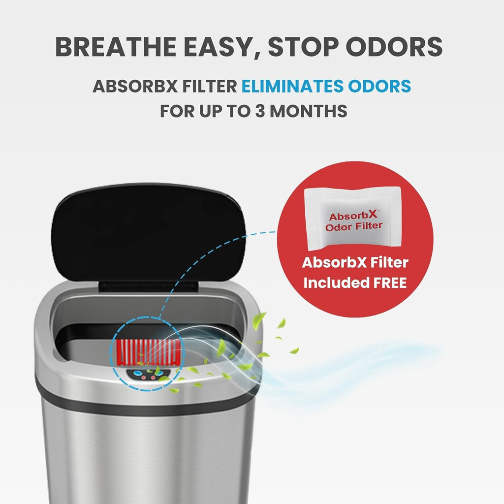 SensorCan 13 Gallon Sensor Trash Can with Wheels and AbsorbX Odor Control System, Stainless Steel, Oval Shape Automatic Kitchen and Office Garbage Bin (Powered by Battery or Optional AC Adapter)