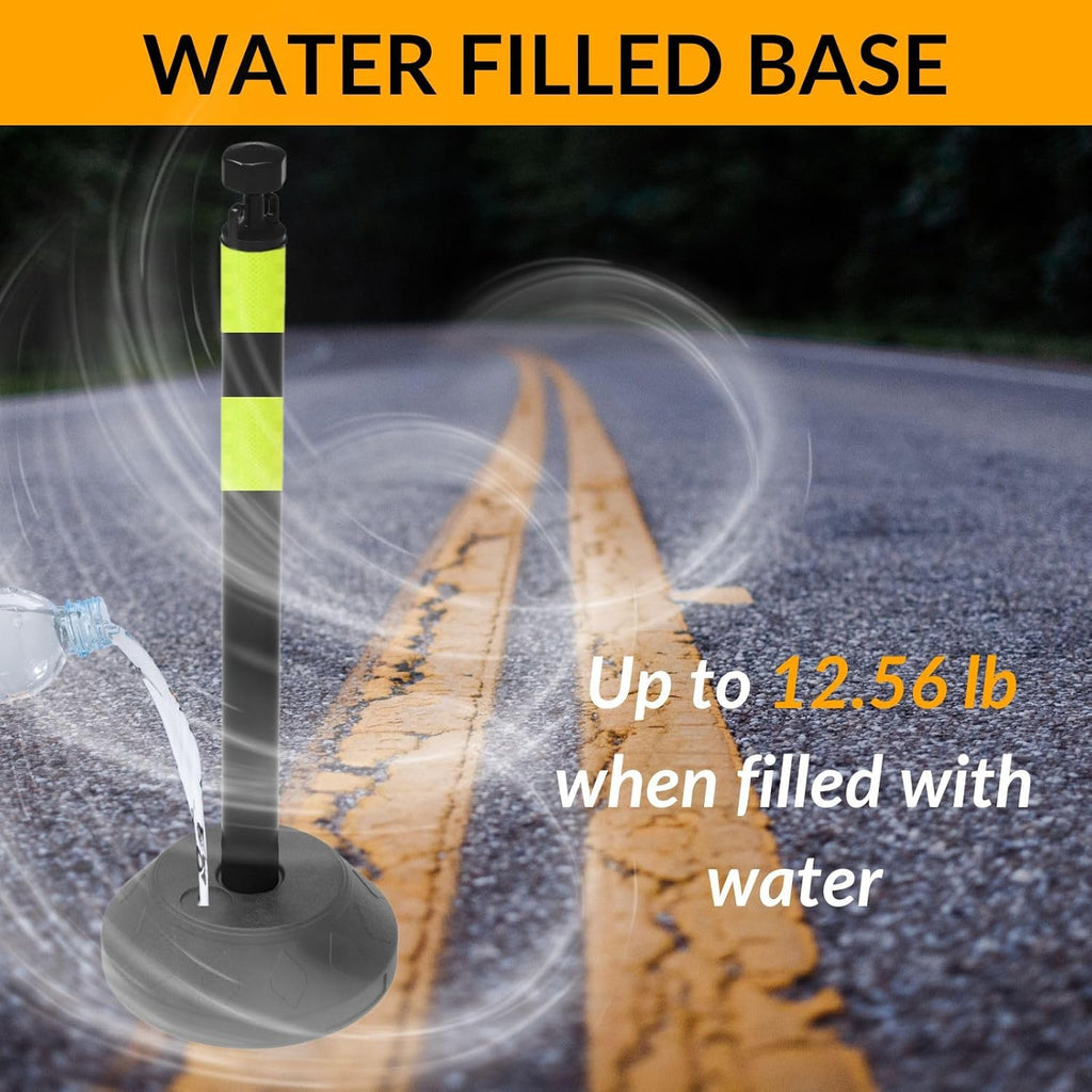 6 Pack 40 Inch Traffic Delineator Posts with Fillable Base and 6.6FT Plastic Chain, Safety Delineator Post Cones with 2 Green Reflective Stripes for Construction Work (Black)