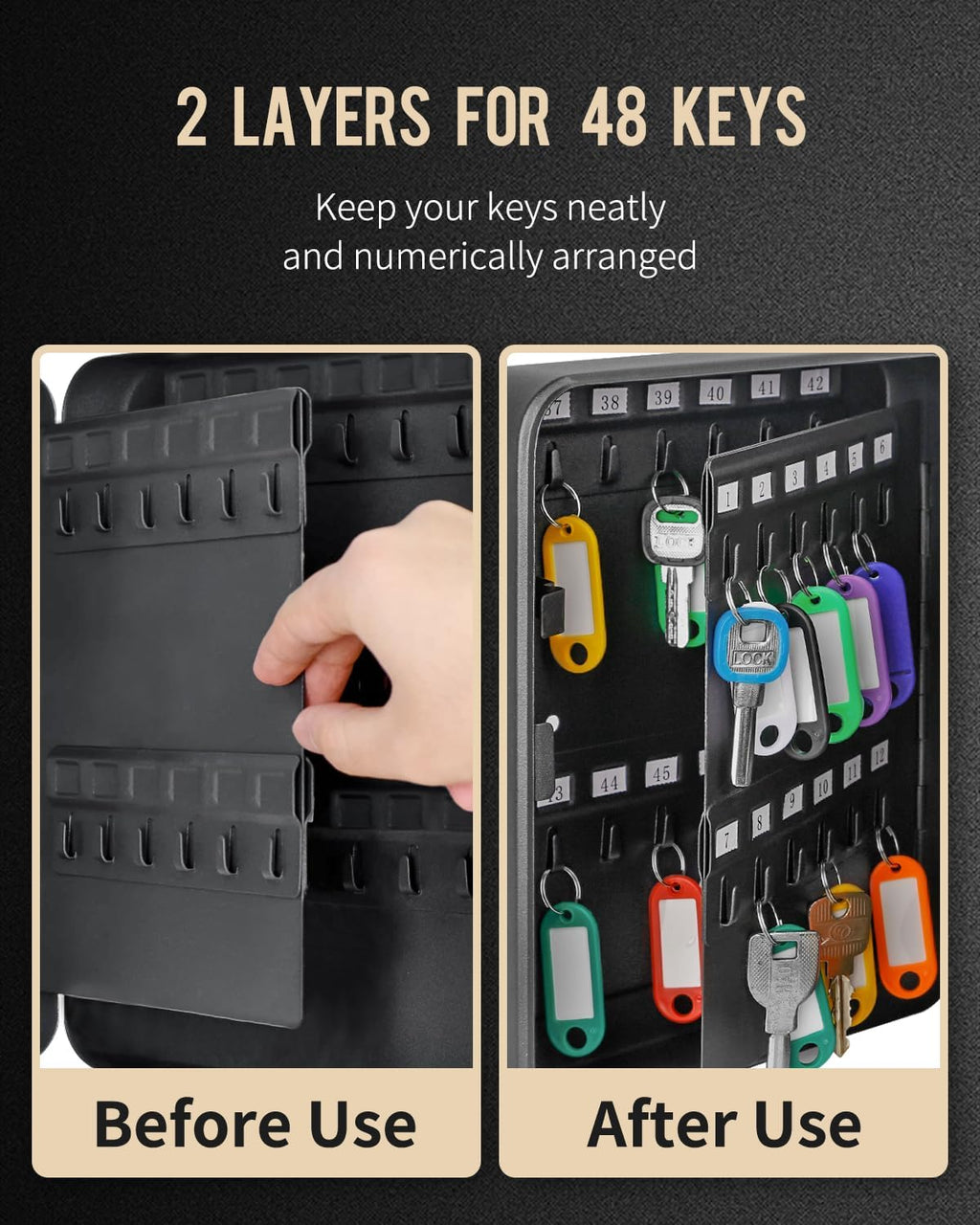 Uniclife 48 Position Key Cabinet with Combination Lock Resettable Black Digital Security Storage Box Steel Key Organizer with Colorful Key Tag Labels Stickers and Hooks