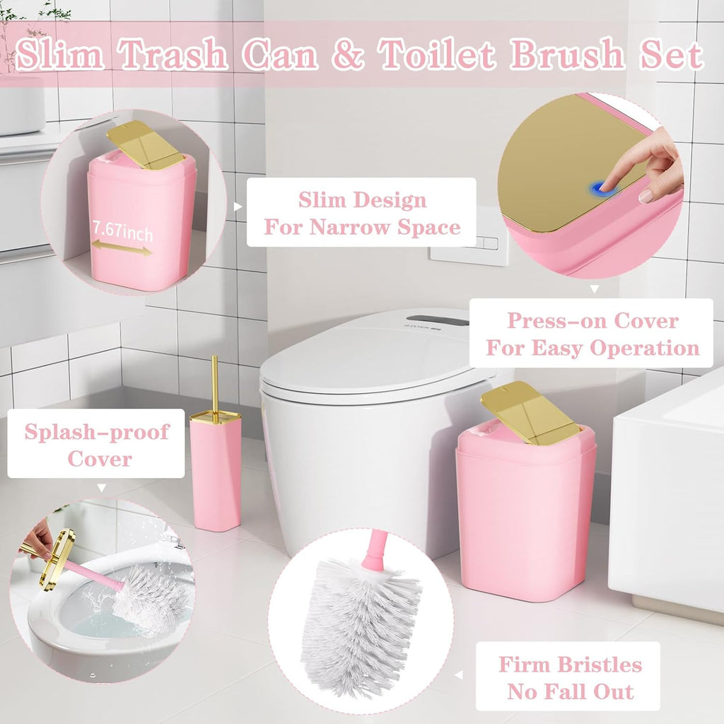 Bathroom Accessory Set, 11PC Bathroom Set, Pink Bathroom Accessories, Bathroom Accessories Set with Trash Can, 3PC Soap Dispensers and Toilet Brush