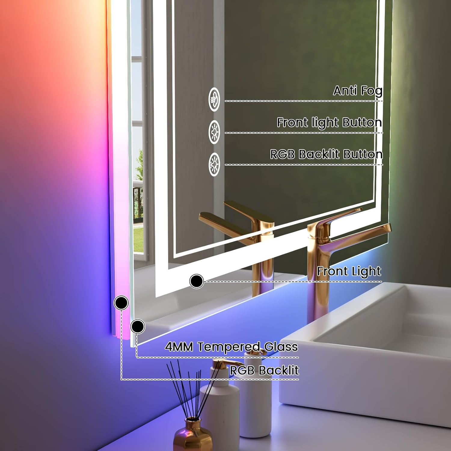 24x30 inch LED Bathroom Mirror with Lights RGB Backlit Color Changing Lighted Vanity Mirror for Bathroom Wall Dimmable Anti-Fog Led Mirror for Bathroom(RGB Backlit + 3 Front-Lighted)