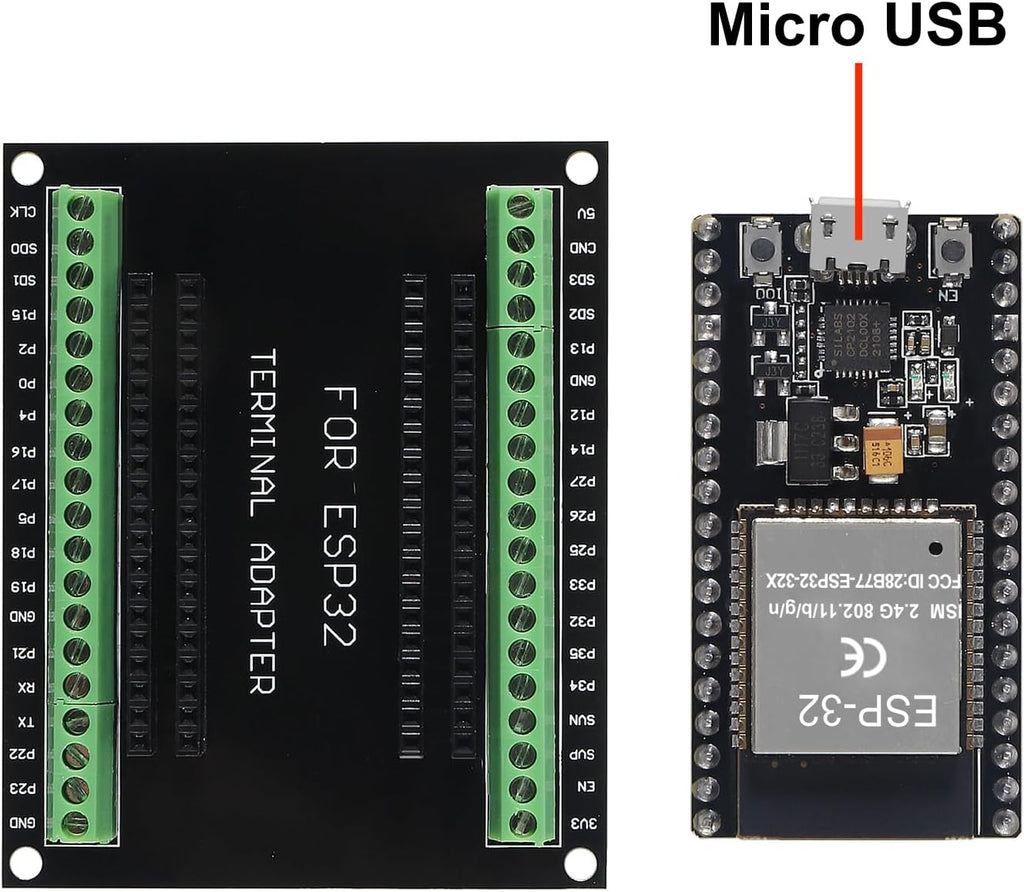3 Set ESP32 Development Board 38Pin Narrow Version WiFi + Bluetooth Microcontroller ESP-32 ESP-32S Board ESP-WROOM-32 with ESP32 Breakout Board GPIO 1 into 2 Terminal Screw Board