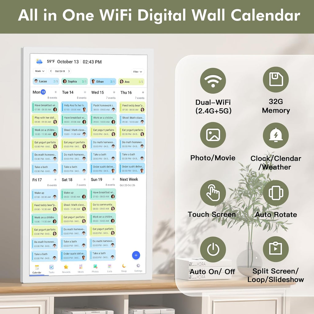 27 Inch Wall Calendar Digital Picture Frame for-Busienss Schedules – Smart Touchscreen Interactive Display, Auto-Sync Google iCloud Outlook Calendars, Wall Mountable, for Mom Dad