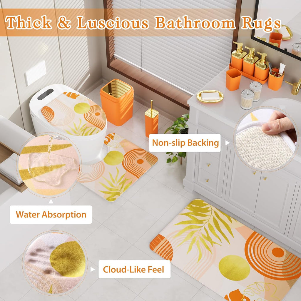 Bathroom Set - Bathroom Sets with Shower Curtain and Rugs, Bathroom Accessory Set, Orange Bathroom Accessories Set with Trash Can, Toilet Brush and Soap Dispensers