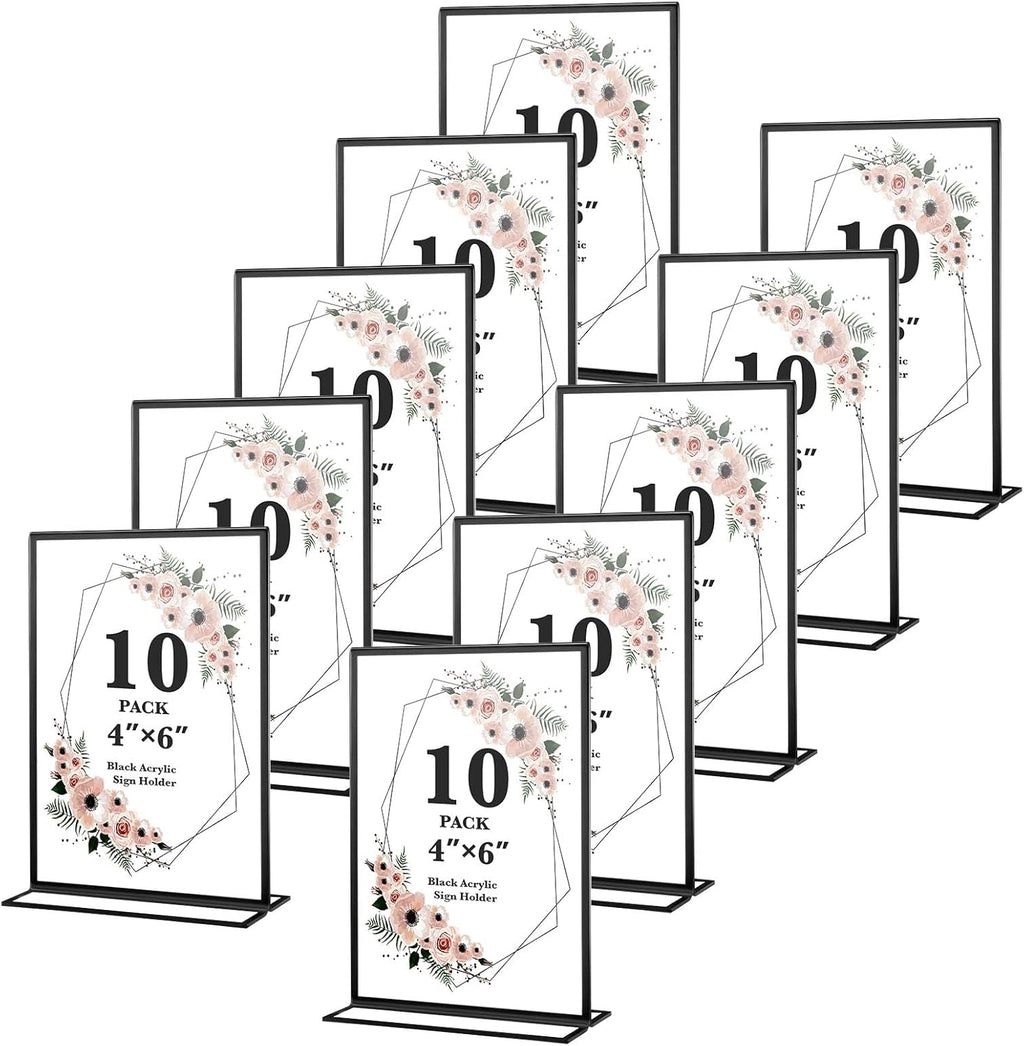 10 Pack Acrylic Sign Holders 4x6 Photo Frames, Double Sided Picture Frame, Clear Wedding Table Number Holder, Table Menu Display Holders for Restaurant Signs, Party and Office Photos, Black