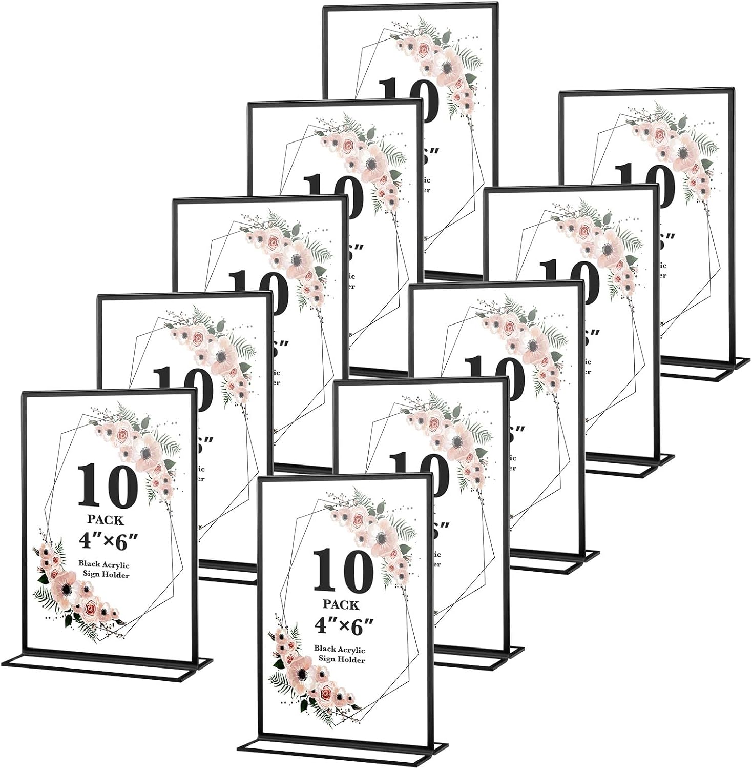 10 Pack Acrylic Sign Holders 4x6 Photo Frames, Double Sided Picture Frame, Clear Wedding Table Number Holder, Table Menu Display Holders for Restaurant Signs, Party and Office Photos, Black