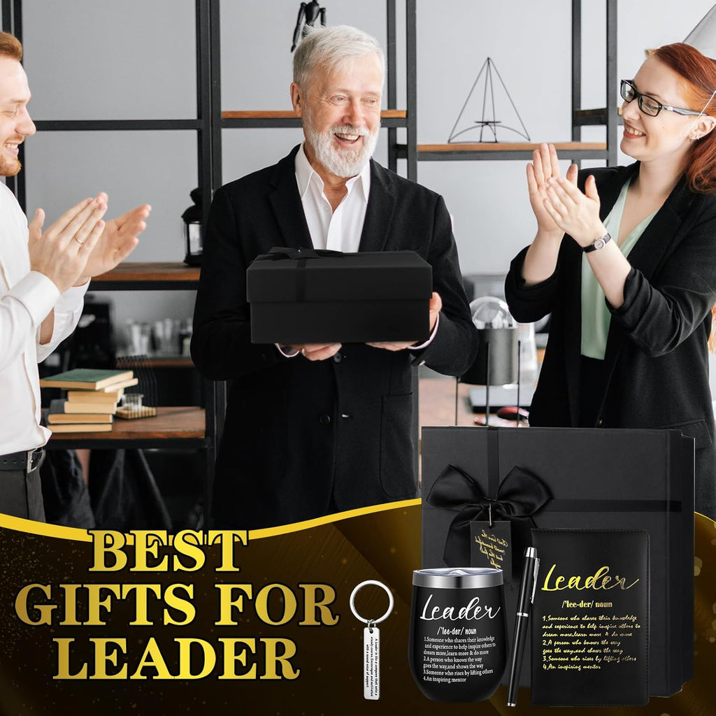 6 Pcs Great Leaders Gifts for Men Boss Manager PM Mentor Supervisor Gifts 12 oz Stainless Steel Cup Socks Keychain Pen Notebook Box for Appreciation Retirement Farewell Gift