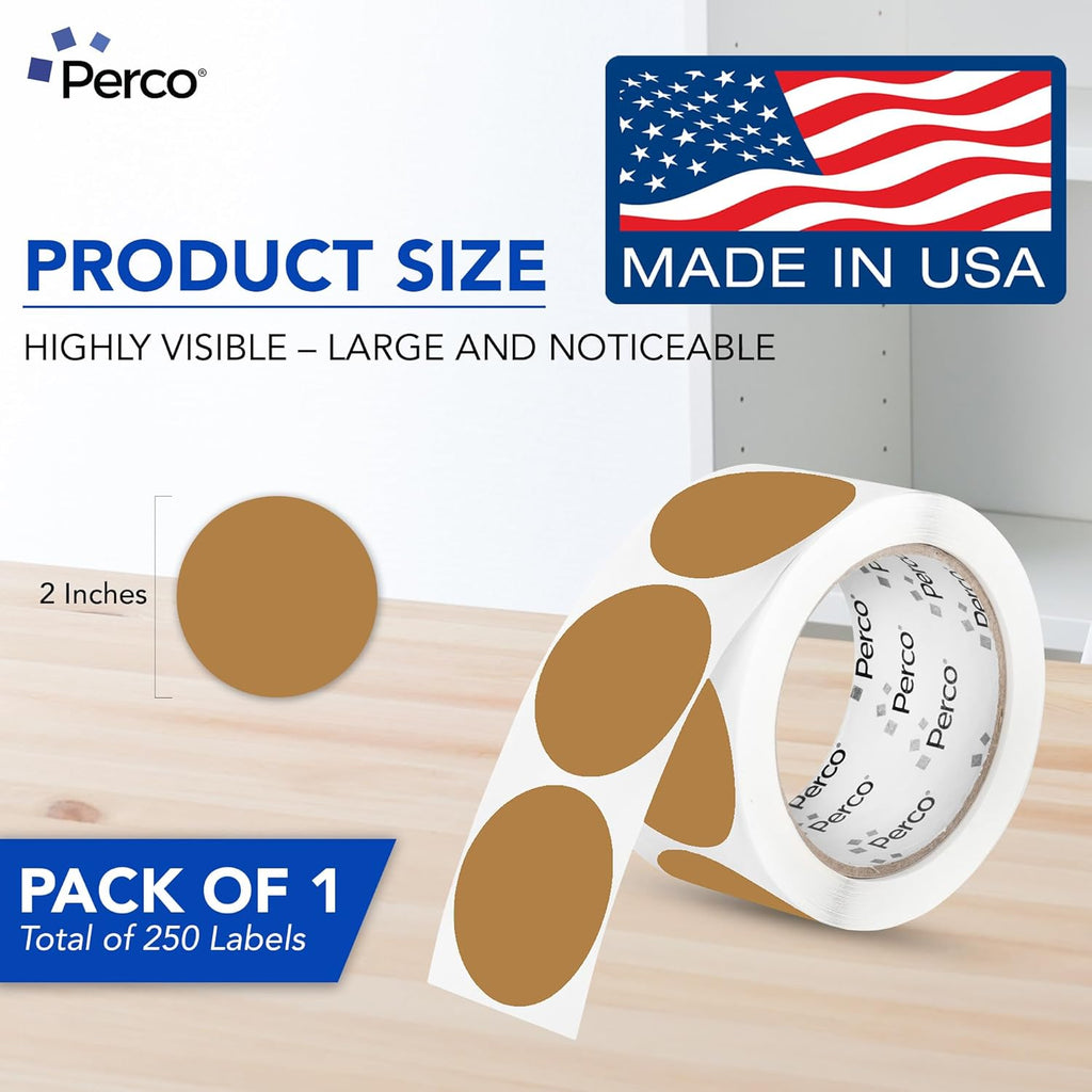 Perco Kraft Brown 2-Inch Perforated Circle Dot Sticker Labels—250 Round Stickers Per Roll—Natural, Cardboard-Like Surface with Permanent Adhesive for Product Labeling, Packaging, Crafting—Made in USA