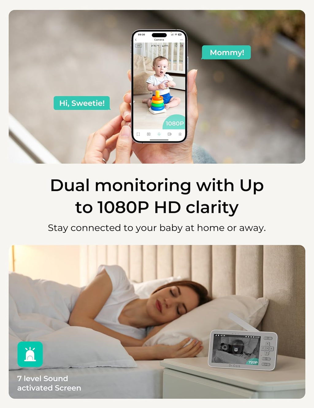 Dr.Care VistaView Lite Smart WiFi Baby Monitor with 2 Cameras- 4” 720P Split Screen & 1080P Camera App Control, Motion Alerts, HD Night Vision, 2-Way Talk, Triple Security, Video Recording