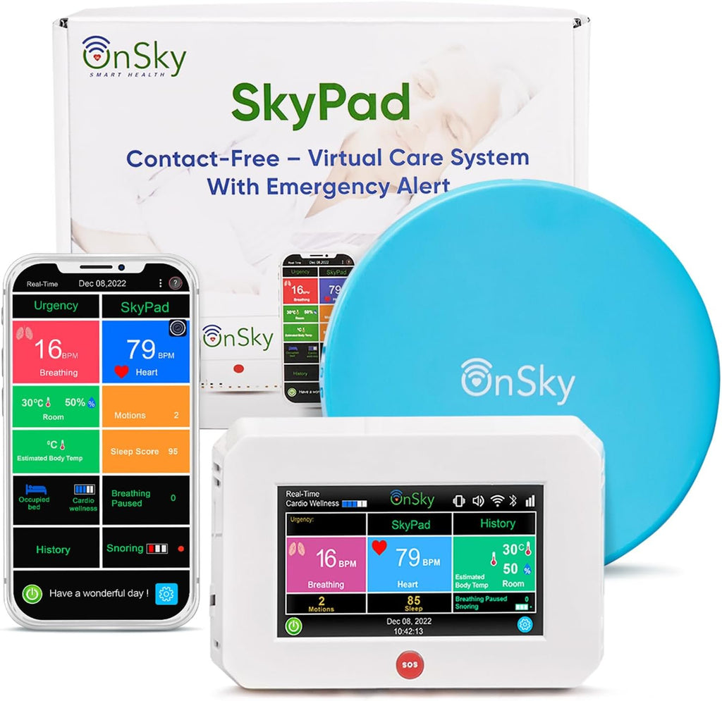 SkyPad FDA-Cleared Contact-Free Heart & Breathing & Sleep Apnea & Seizure Monitor, Adult & Children Home Health Care - Senior & Nursing Home - Remotely Monitor Wellness via app - Emergency Alert Call