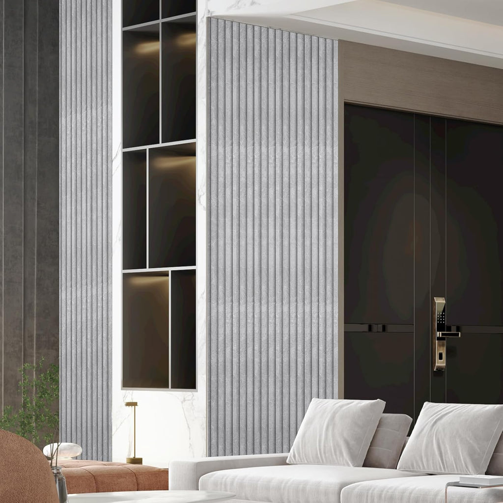 OUZUGIE WPC Acoustic Slat Wall Paneling, 8-Pack 114 x 6 Inches 3D Wall Panels for Interior Wall Decor,Living Room,TV Background,Study Room,Office Spaces,Bedroom,High Grille (Gray Marble)