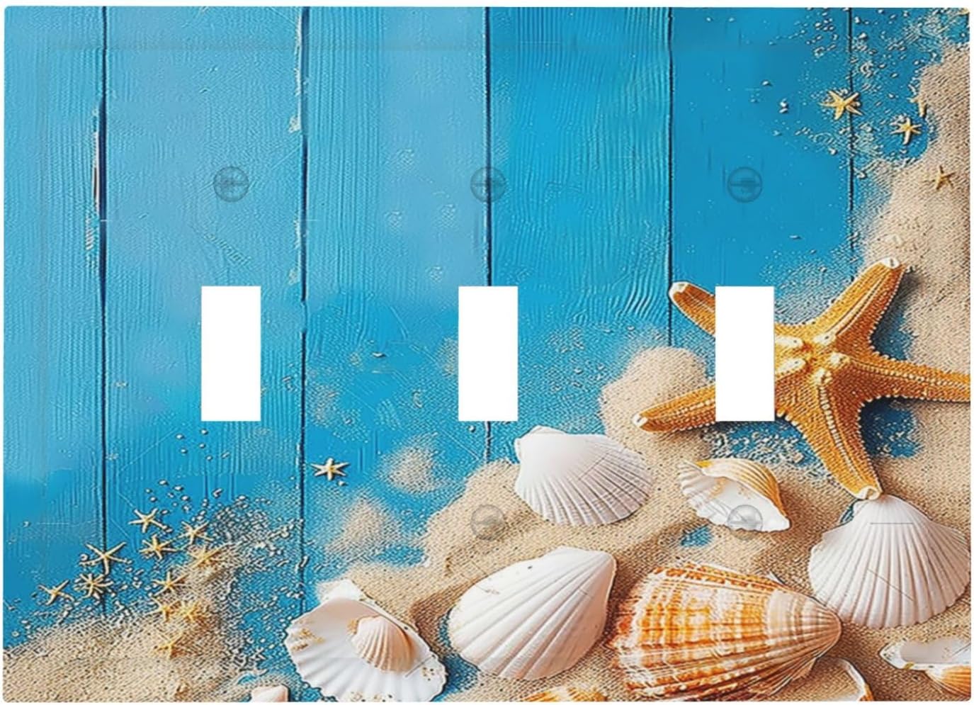 Decorative Switch Plates Blue Wood Grain Beach Shell Starfish 3 Gang Wall Plate Triple Toggle Light Switch Cover Faceplate Electrical Wall Panels for Bathroom Farmhouse Decor