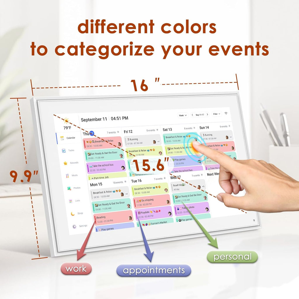 Digital Calendar 15.6 Inch, Electronic Calendar Chore Family Schedules, Smart Weekly and Monthly Planner, 1920 * 1080P IPS Touchscreen Interactive Display - Wall Mount White