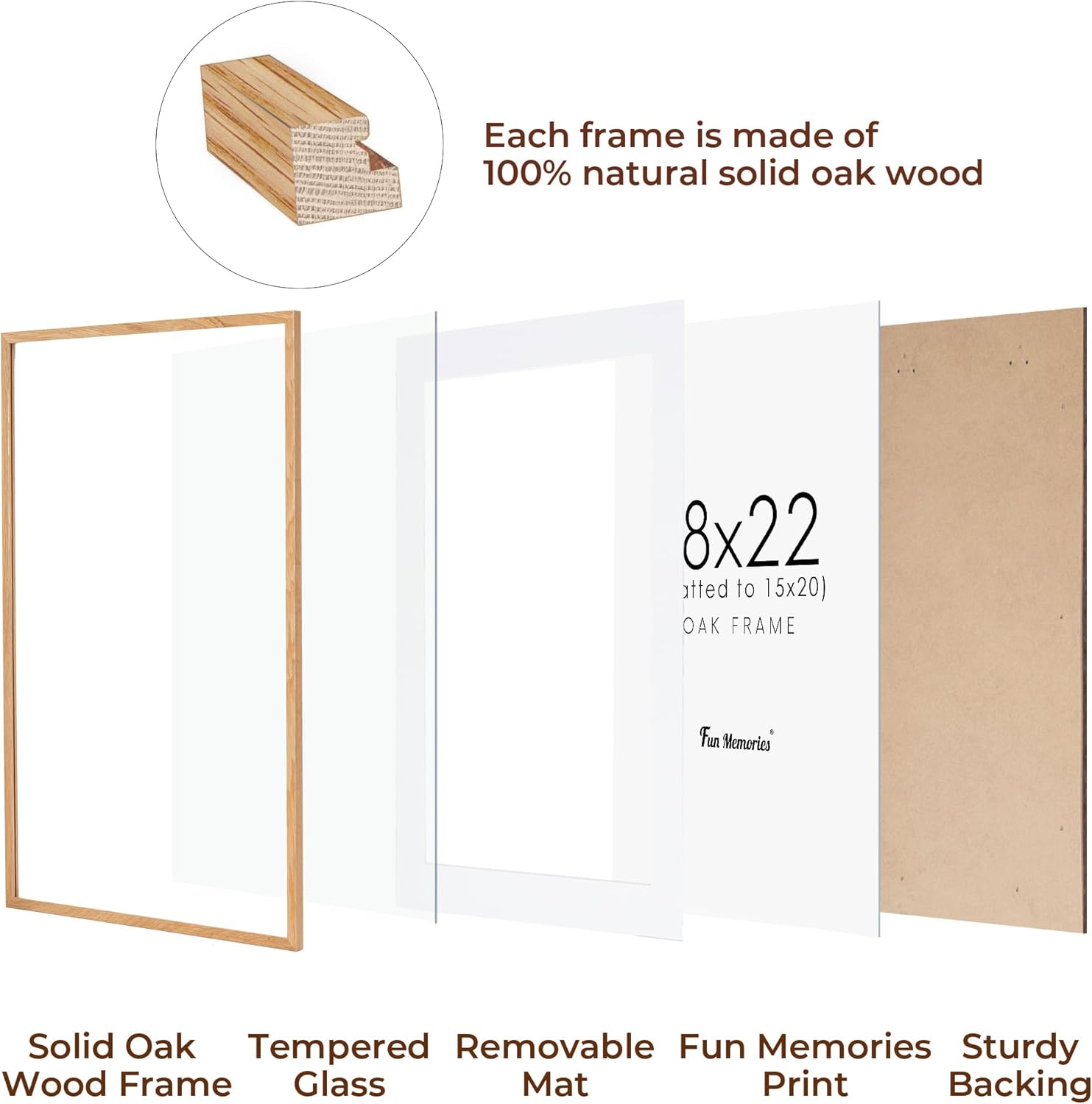 Fun Memories 18x22 Picture Frame, Solid Oak Wood for Wall, Poster Frame With Real Glass, Matted for 15x20, Home Decor (Natural Oak Color, 1 Pack)