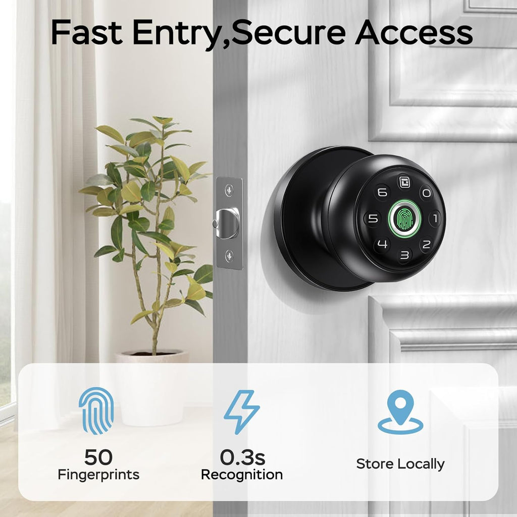 GeekTale Fingerprint Door Lock for Bedrooms, Fingerprint Door Knob with Lock, Smart Door Lock, App Control, Back-up Keys, Thumbprint Door Knob for Bedrooms, Office, Apartment
