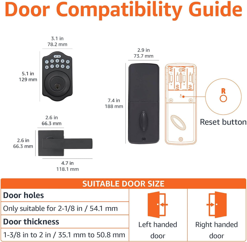 Amazon Basics Traditional Electronic Keypad, Keyless Entry Door Lock Deadbolt with Handle Set, Key Pad Front Door with Knob, Traditional Door Locks for Front Door, Door Handle, Matte Black, 1-Pack