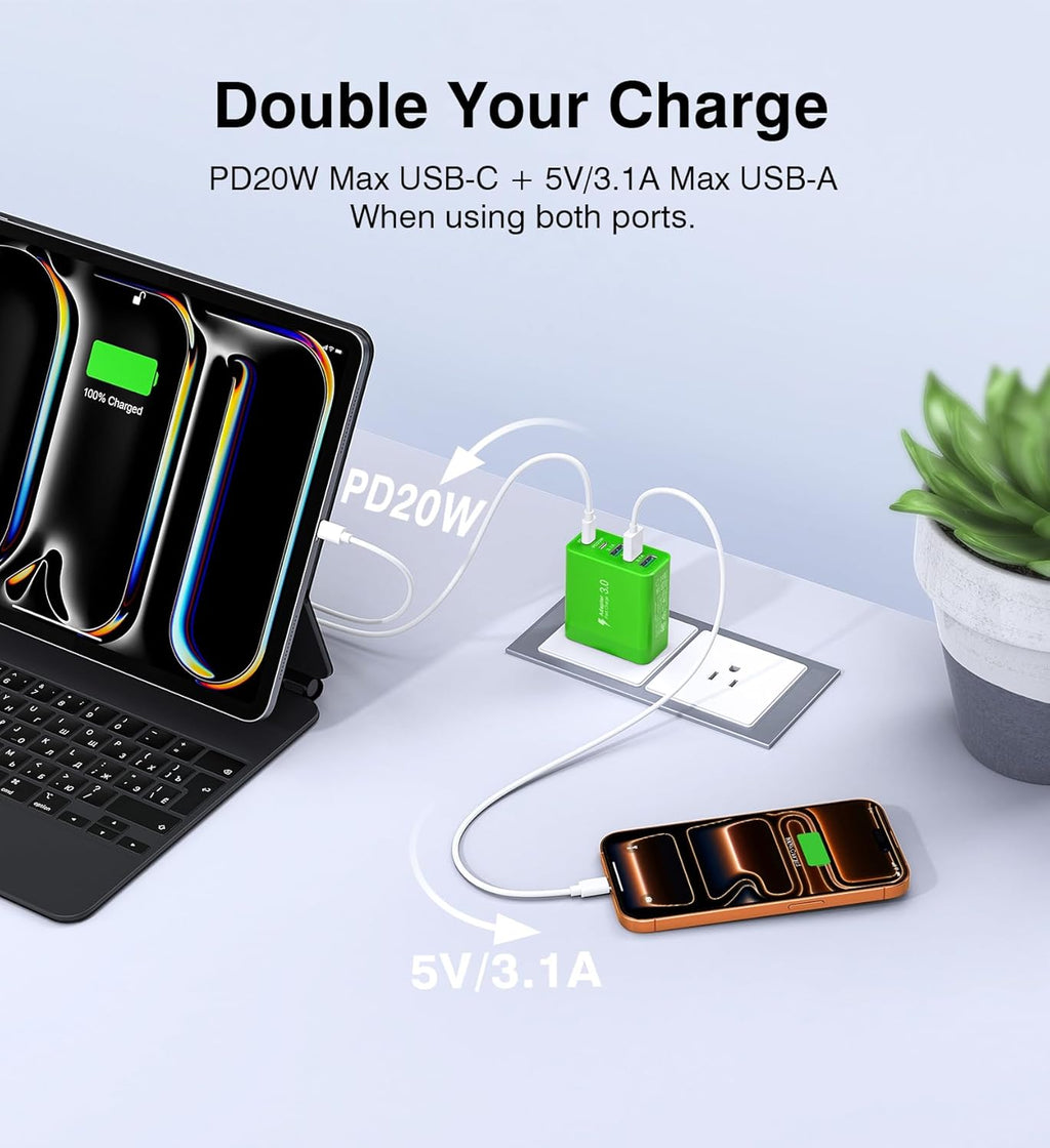 [2-Pack] USB C Wall Charger, 60W Fast USB C Charger Block, 5-Port PD Power Adapter + QC Wall Plug Multiport Type C Charging Block Cube Compatible with iPhone 17 16 15 14 13 12 Pro Max XR XS, Green