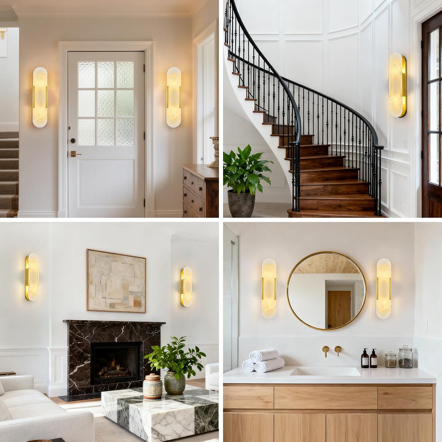 Brass Alabaster Wall Sconces Set of Two, Modern Natural Marble Wall Sconces for Indoor Lighting, 19.7 in Gold Wall Lights for Bathroom Dining Room Stairs Bedroom