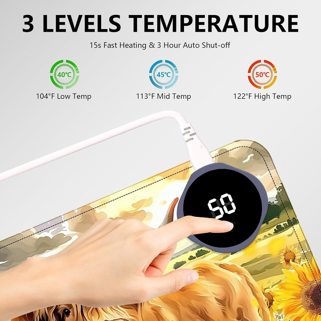 Heated Mouse Pad with 3 Levels Heated & 3 Hours Auto Shut-Off Mouse Pad for Warming Hands in Office Home, 31.5" x 13"Large Safe Desk Mat Hand Warmer，Sunflower Highland Cow