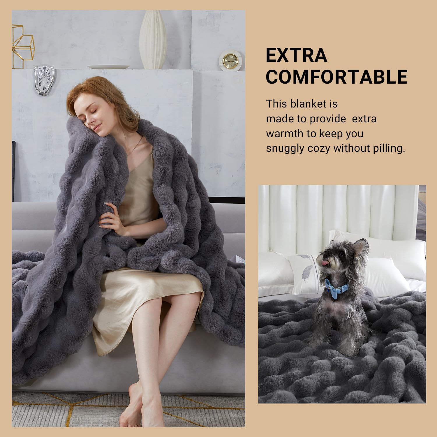 SAPHREAS Faux Fur Throw Blanket for Couch, Fluffy Fuzzy Bubble Blanket for Sofa Bed Living Room, Grey Decor Soft Cozy Gifts for Women Men, 60x80” Gray
