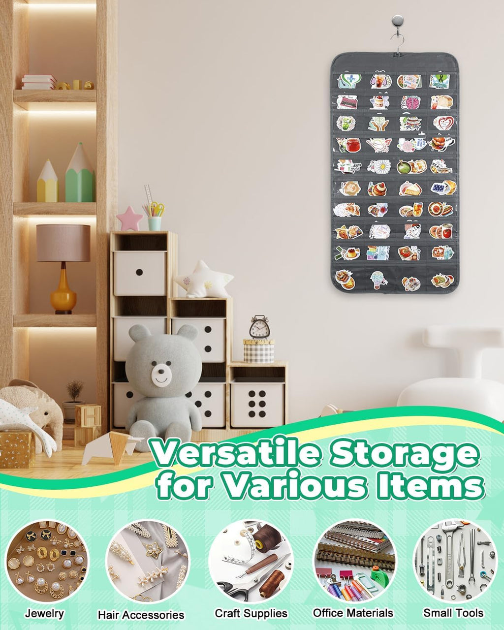 UCEC Hanging Sticker Organizer, Double-Sided 80 Pocket Hanging Sticker Display Stand with Waterproof Pockets, Portable Sticker Charts for Classroom, Vendors Events and Small Business Supplier (Gray)